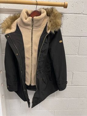 Black UGG Koolaburra Coat with Beige Sherpa Lining and Faux Fur Hood